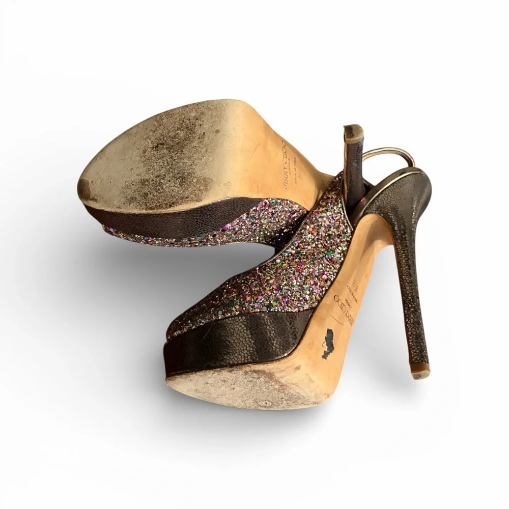 Jimmy Choo Iconic “Clue’ Multicolor Glitter Peep-Toe Slingback Heels